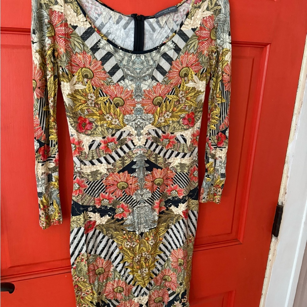 Alexander McQueen Gold and Orange Bodycon Dress Scoop Neck 3/4 Sleeve